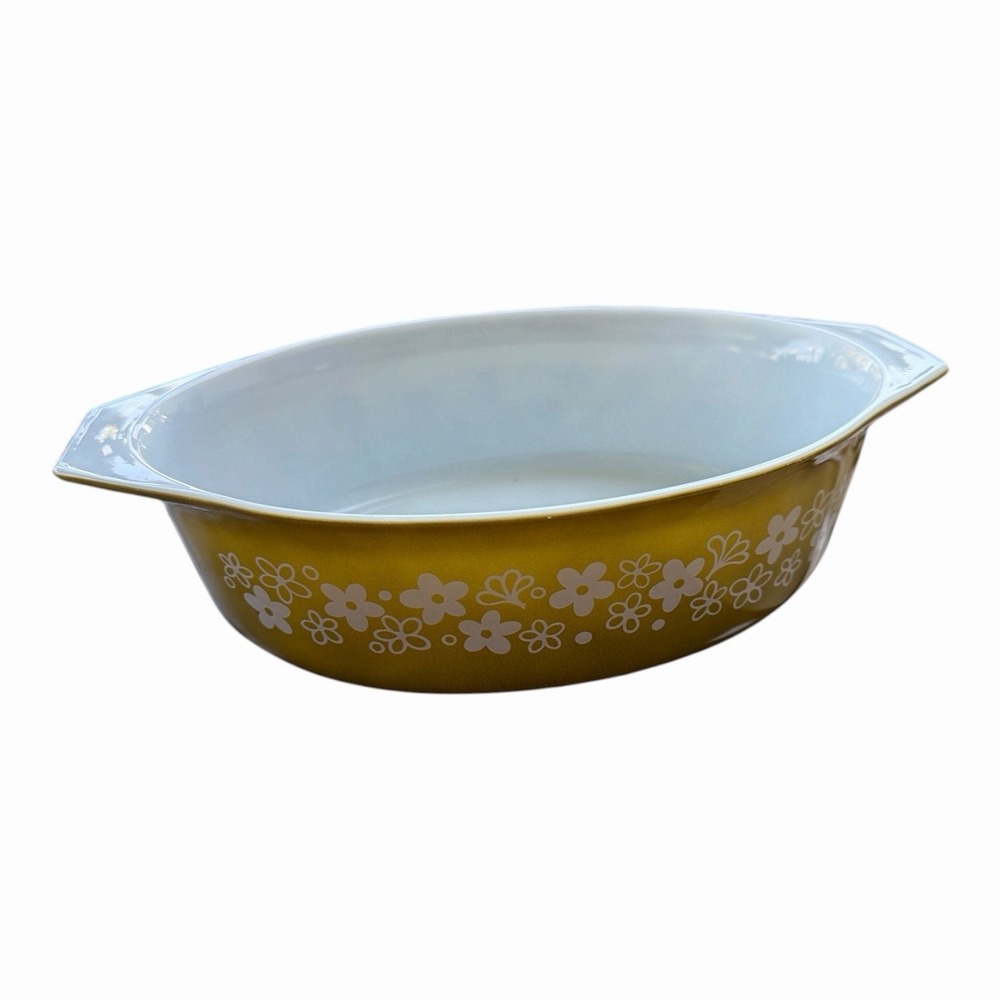 Vintage Pyrex Spring Blossom Green Crazy Daisy 2.5 Qt Oval Casserole Dish 045